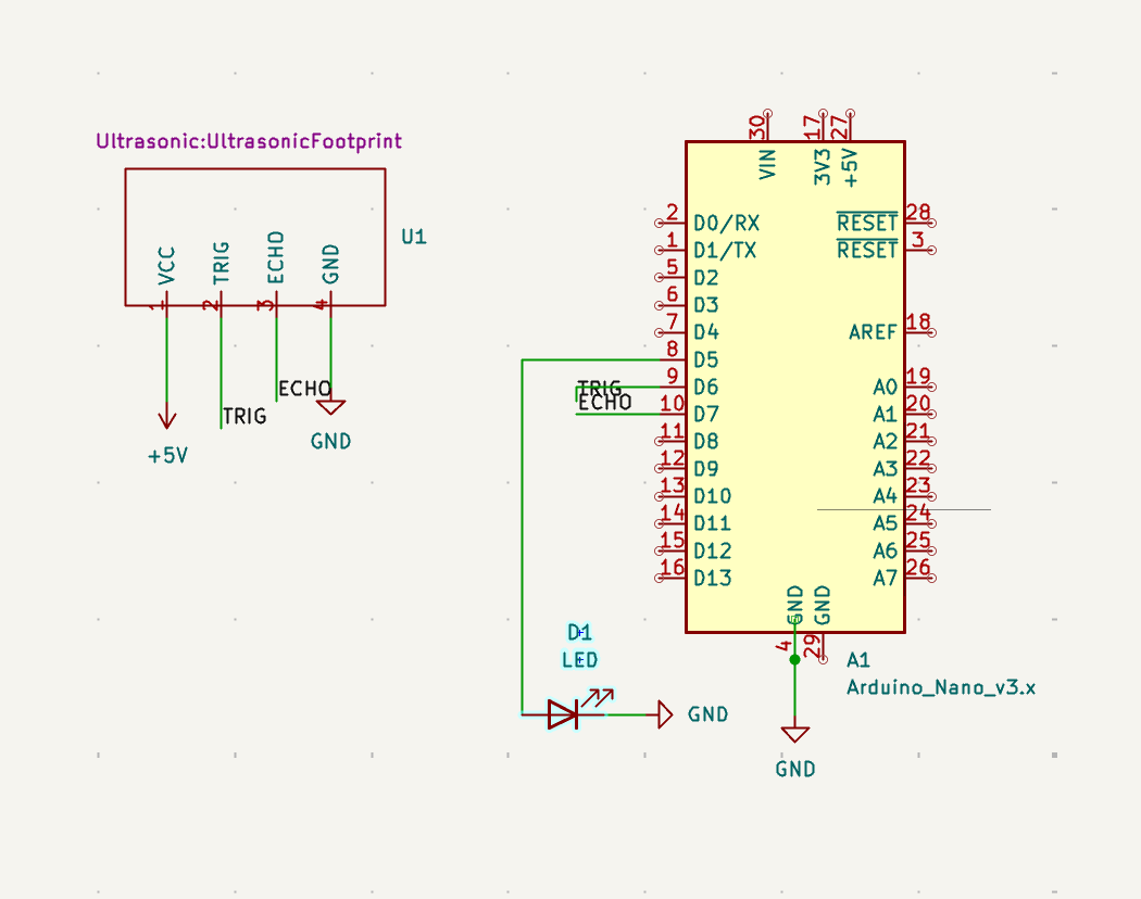 KiCad schematic for Nano, ultrasonic sensor, and LED